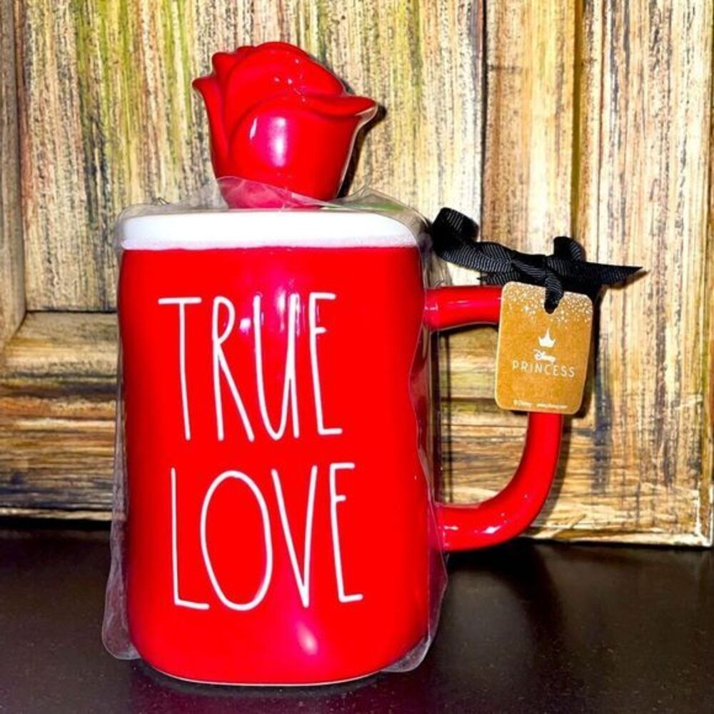 Rae Dunn Disney beauty and the beast  true love coffee mug with rose topper